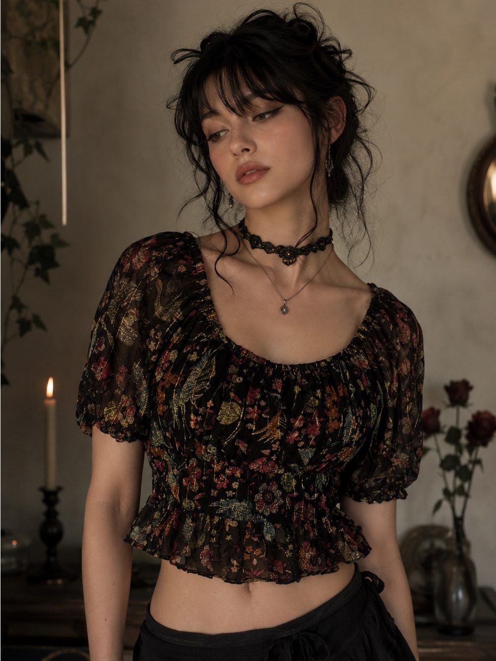 Black Semi Sheer Floral Crop Top L Puff Sleeves Open Back Whimsigoth Dark Fairy
